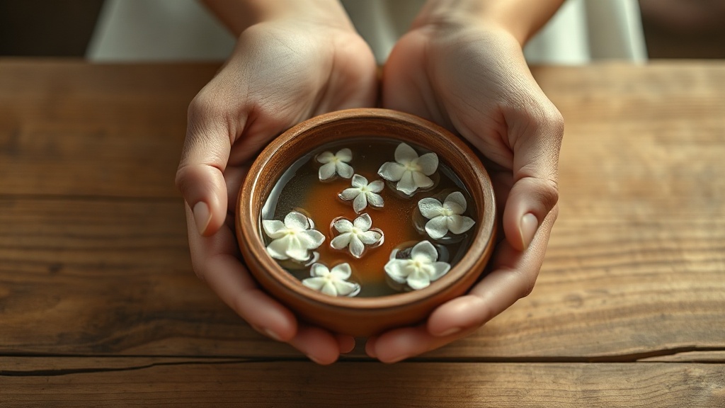 Bol artisanal en argile avec fleurs de jasmin flottantes, symbole de la simplicité bouddhiste