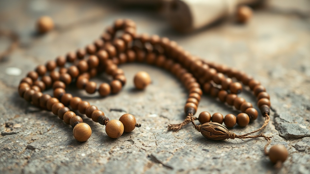 Chapelet mala bouddhiste en bois, utilisé dans la pratique de la récitation des mantras et la méditation
