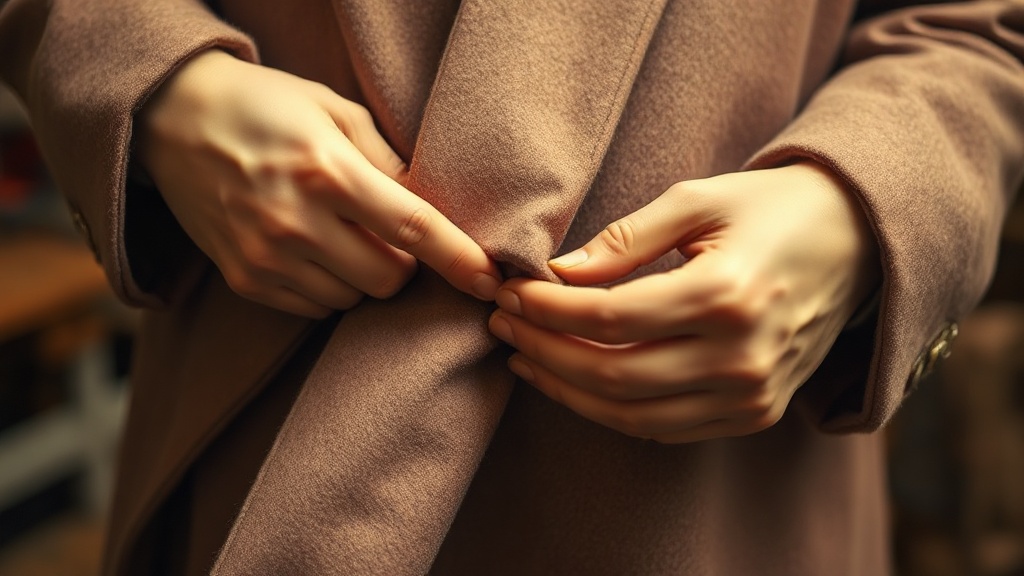 Tailor's hands finishing a hand-split seam on a double face cashmere coat interior