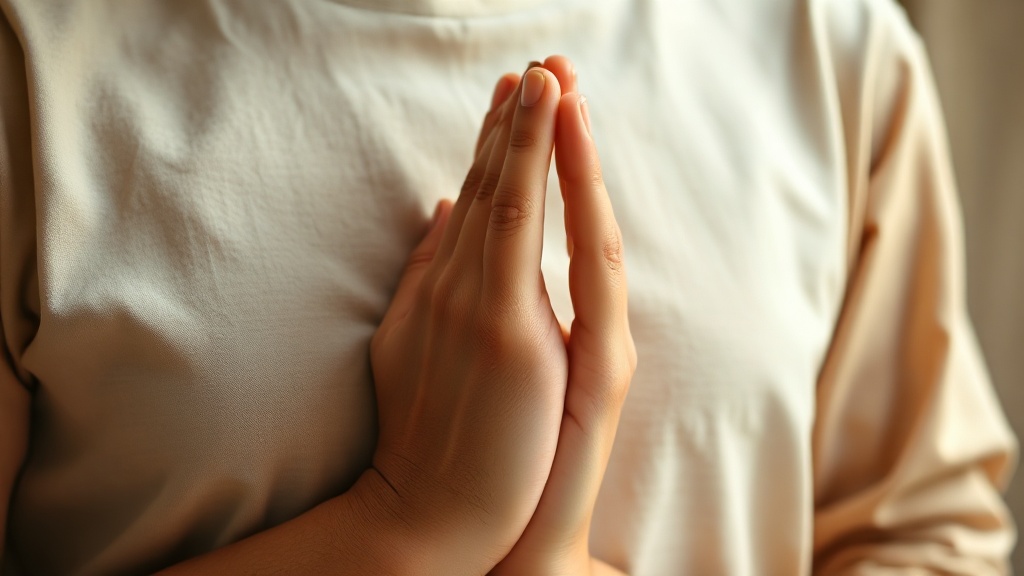 Mains jointes en geste de prière bouddhiste, anjali mudra, lumière naturelle douce