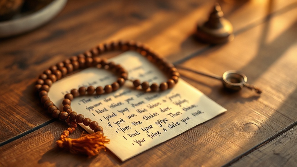 Chapelet mala en bois posé sur une table en bois avec un texte de prière tibétain manuscrit