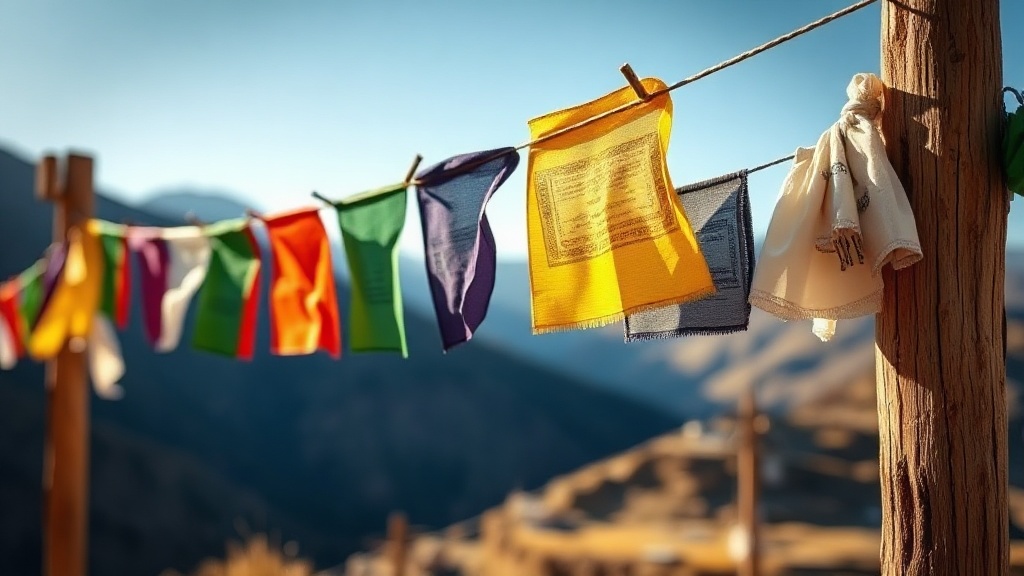 Drapeaux de prière tibétains colorés tendus entre des poteaux en bois dans un paysage de montagne
