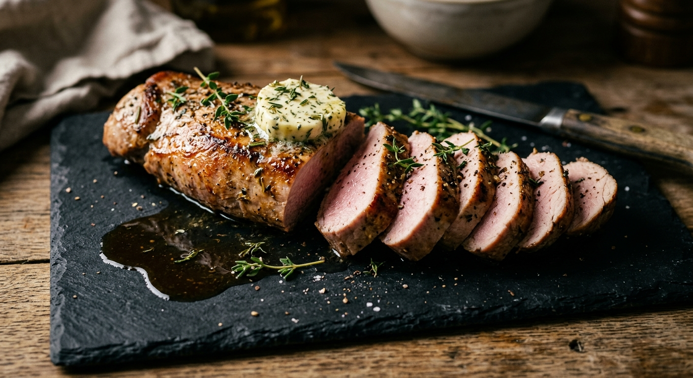 Polędwica wieprzowa sous-vide — przekrojona, soczysta, z lekko różowym wnętrzem