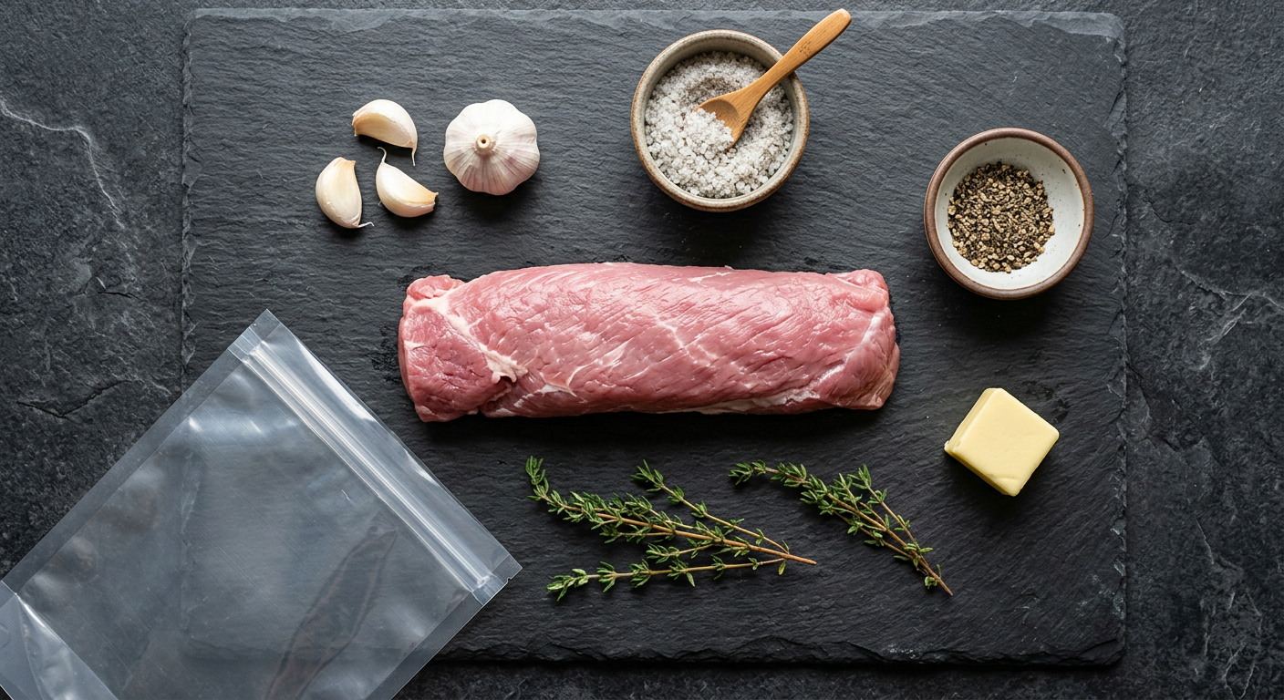 Składniki na polędwicę wieprzową sous-vide — mięso, czosnek, tymianek, masło