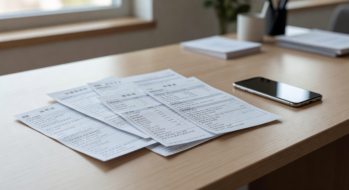 medical receipts and documents spread on a light-colored desk next to a smartphone
