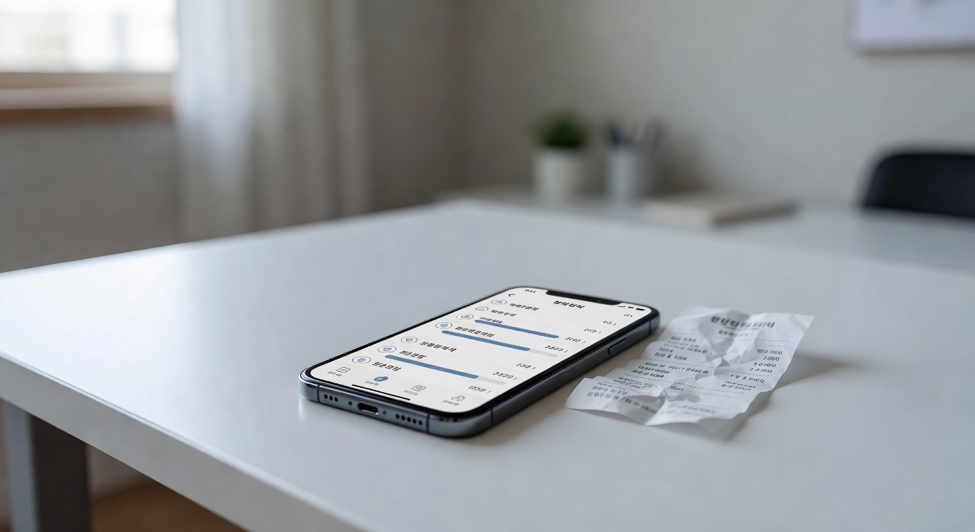 smartphone screen displaying a medical insurance claim app interface on a clean white desk with a paper receipt nearby