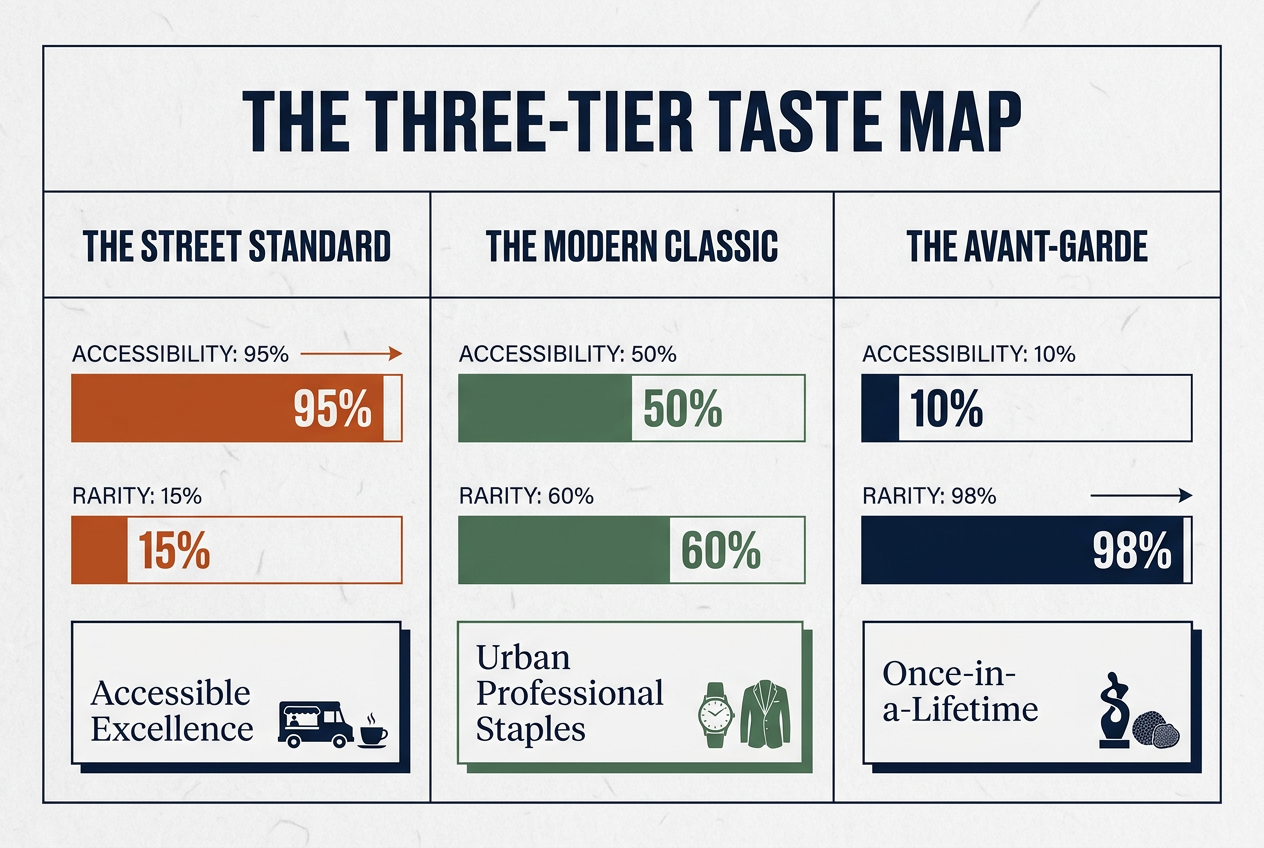 A three-tier taste map comparison chart showing the accessibility and rarity of street food, modern classics, and avant-garde culinary experiences.