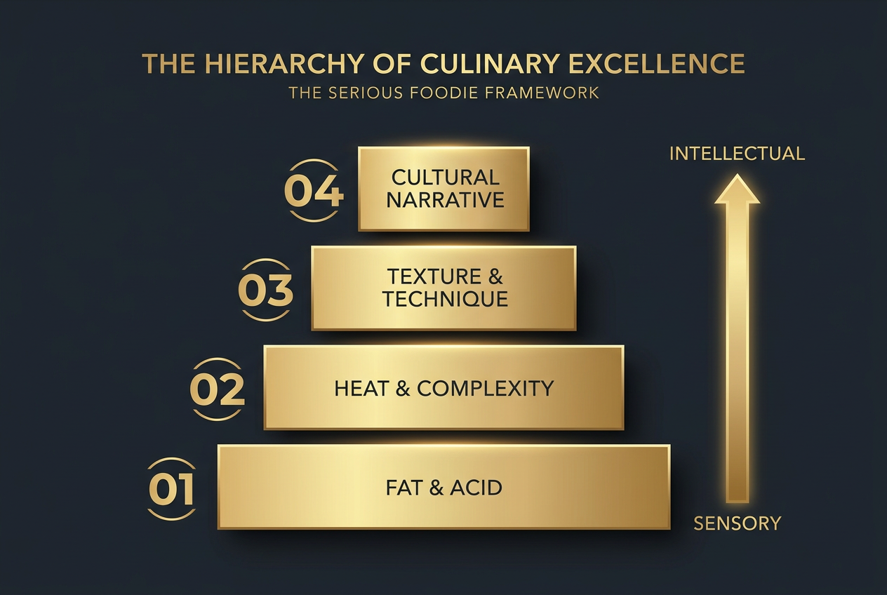 Hierarchy of Culinary Excellence chart showing the four pillars of taste: Fat and Acid, Heat, Texture, and Cultural Narrative for serious foodies.
