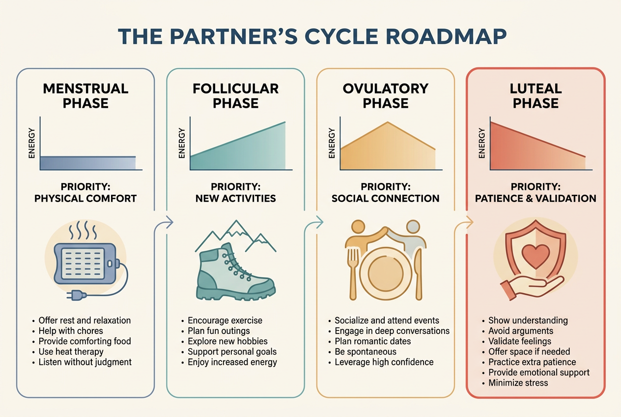 A horizontal infographic roadmap showing the four phases of the menstrual cycle with specific partner support strategies and energy levels for each.