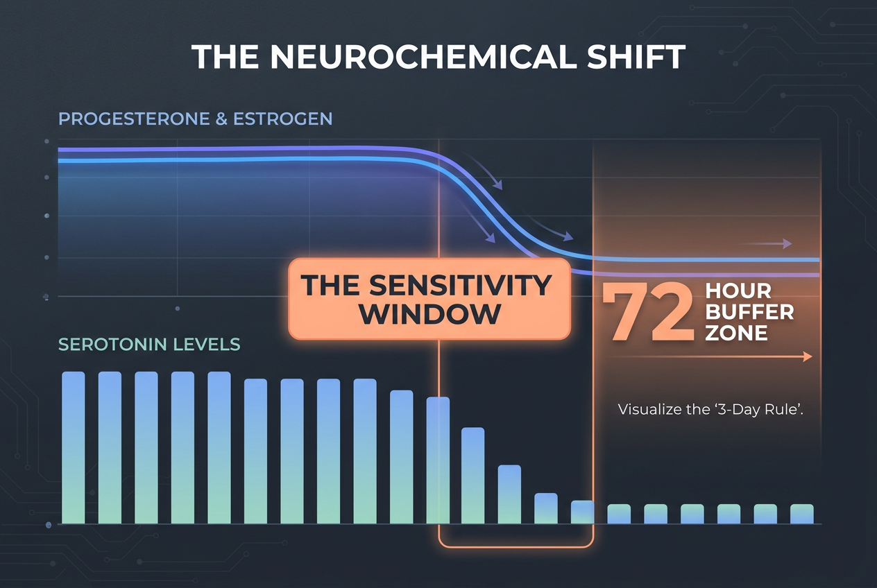 A scientific graph showing the simultaneous drop in estrogen, progesterone, and serotonin levels that causes increased emotional sensitivity.