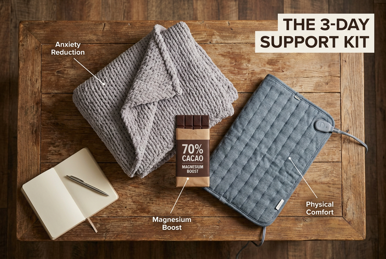 A flat lay image of a luteal phase support kit containing a weighted blanket, dark chocolate, and a heating pad with descriptive labels.