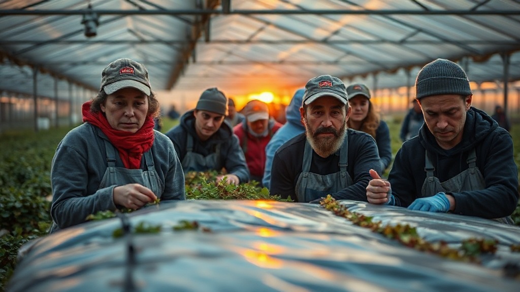 Capture a high-resolution image of a diverse group of agri-food workers in Canada, working in fields and greenhouses at sunrise, symbolizing their essential role in the economy.