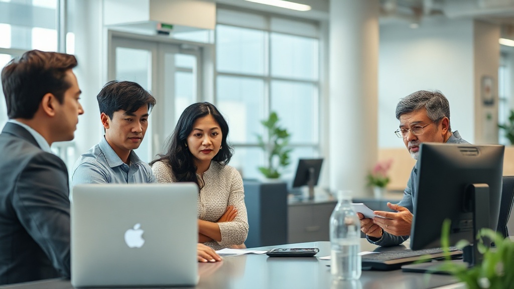 A photojournalistic scene showing an immigration officer discussing work permit options with an international student and their family in a modern, multi-cultural office setting. The scene captures the blend of technology and human interaction, emphasizing guidance and support.