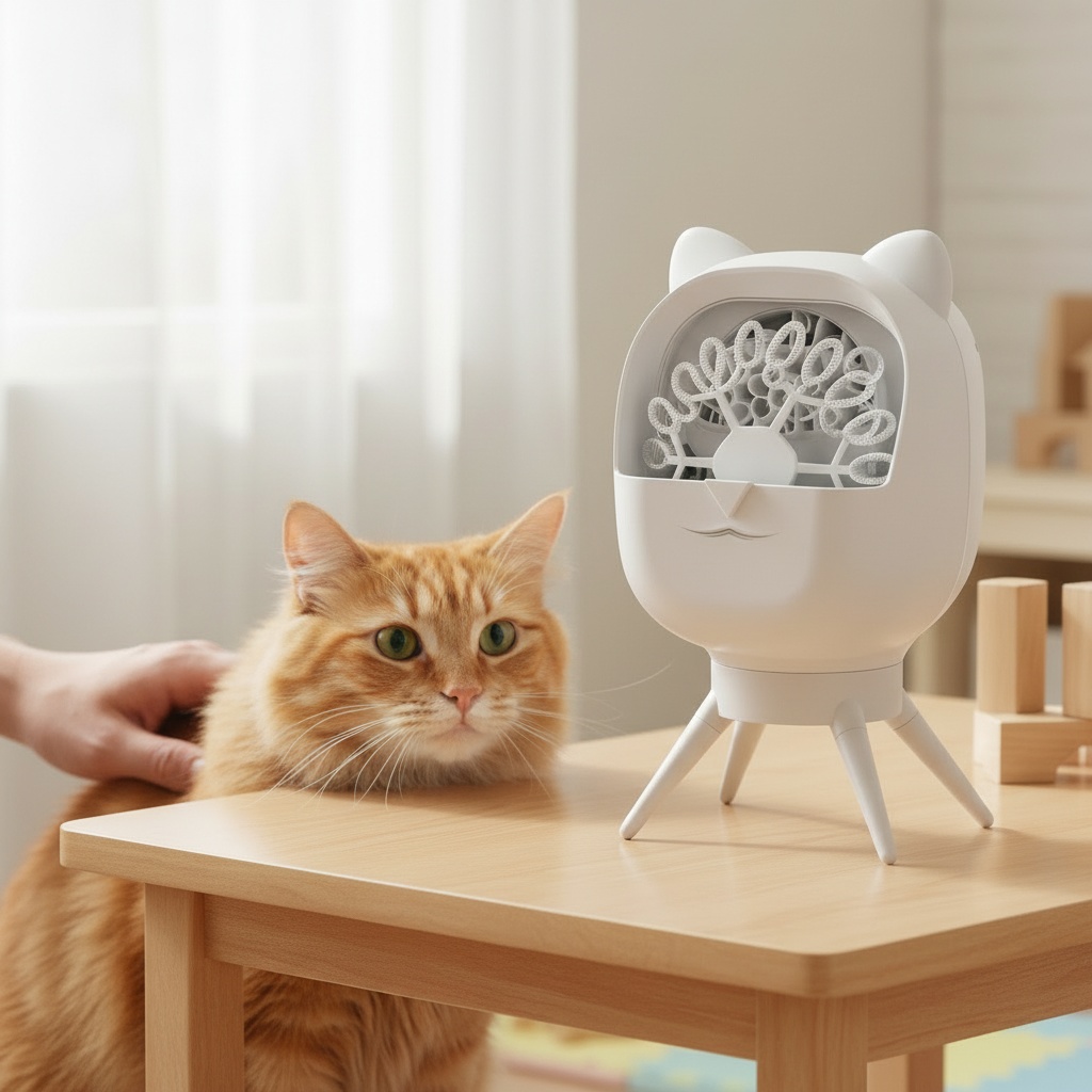 Ältere Perserkatze beobachtet interessiert die Seifenblasen