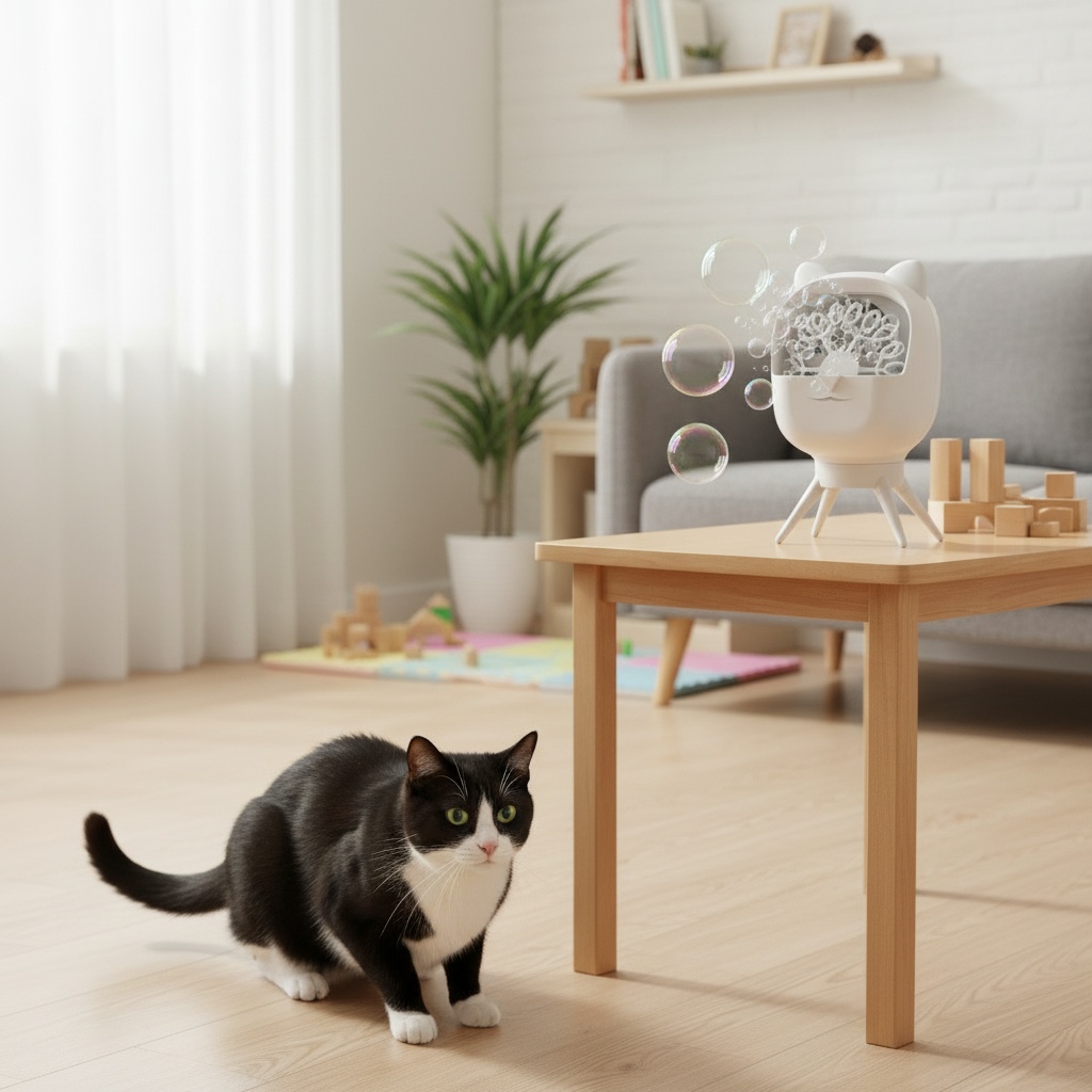 Zufriedene Katzenbesitzerin mit entspannter Katze im Hintergrund