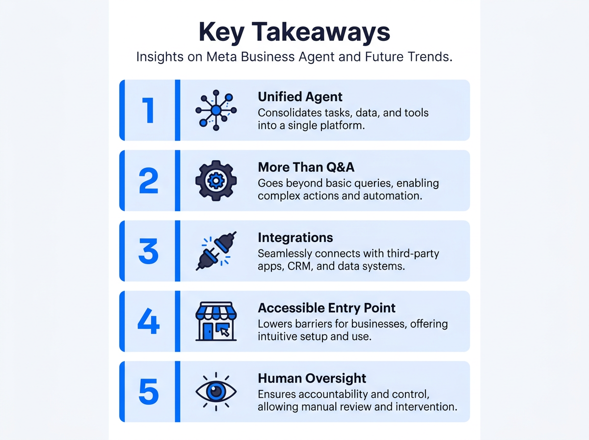 Five key takeaways infographic about Meta Business Agent for marketers