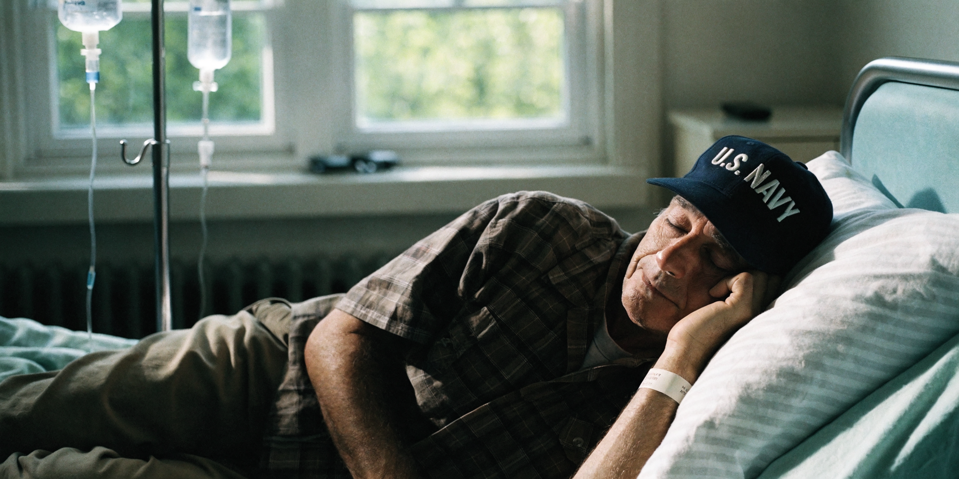 Cinematic view of a veteran in a hospital recovery setting