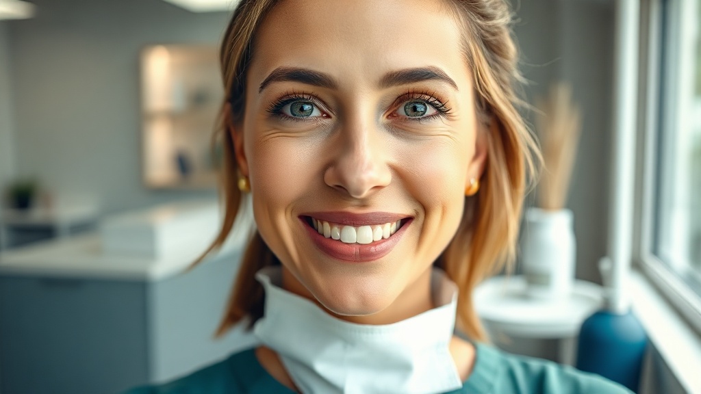 Paciente en consulta odontológica con modelo 3D de implante dental
