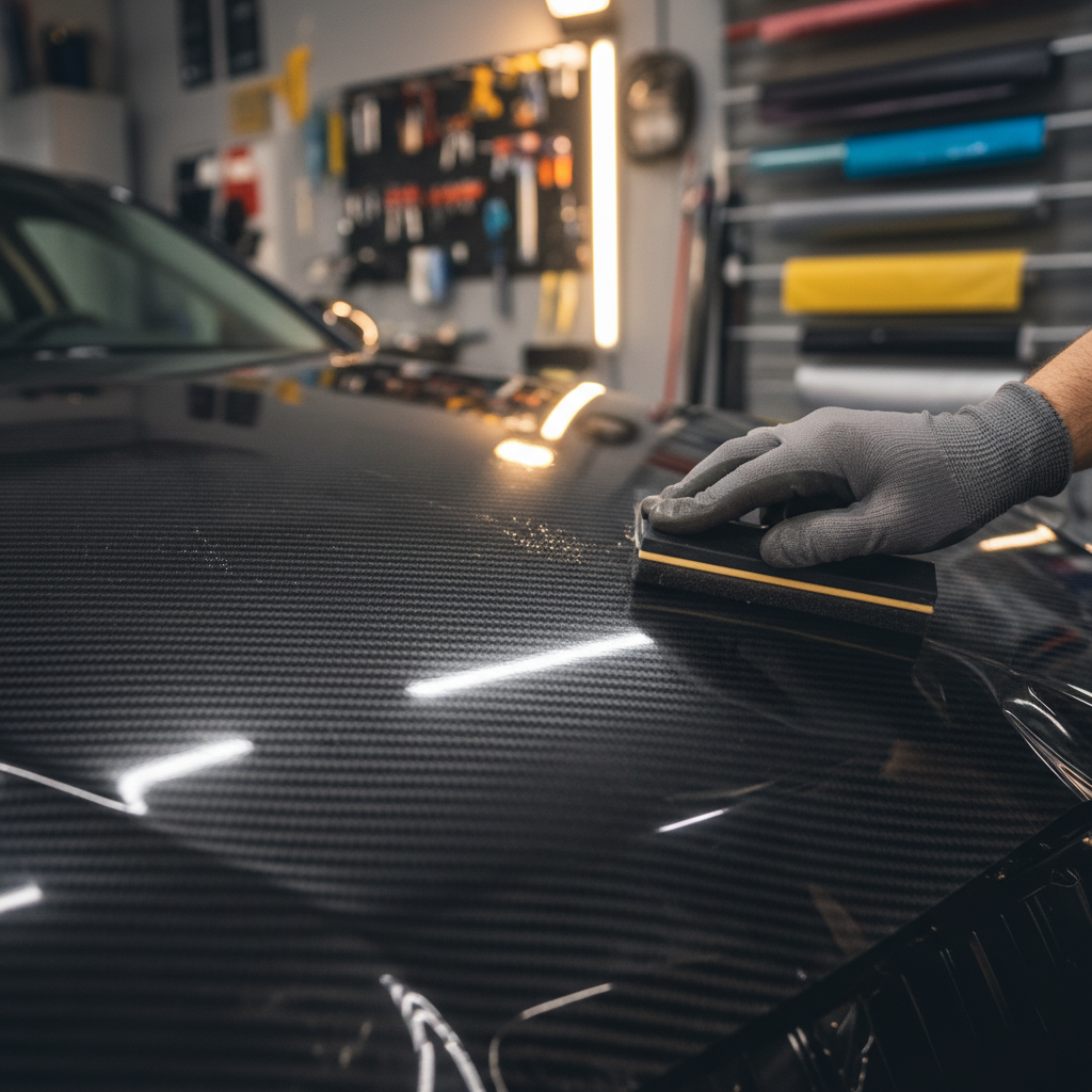 Professional hand applying vinyl wrap film to a car hood with squeegee