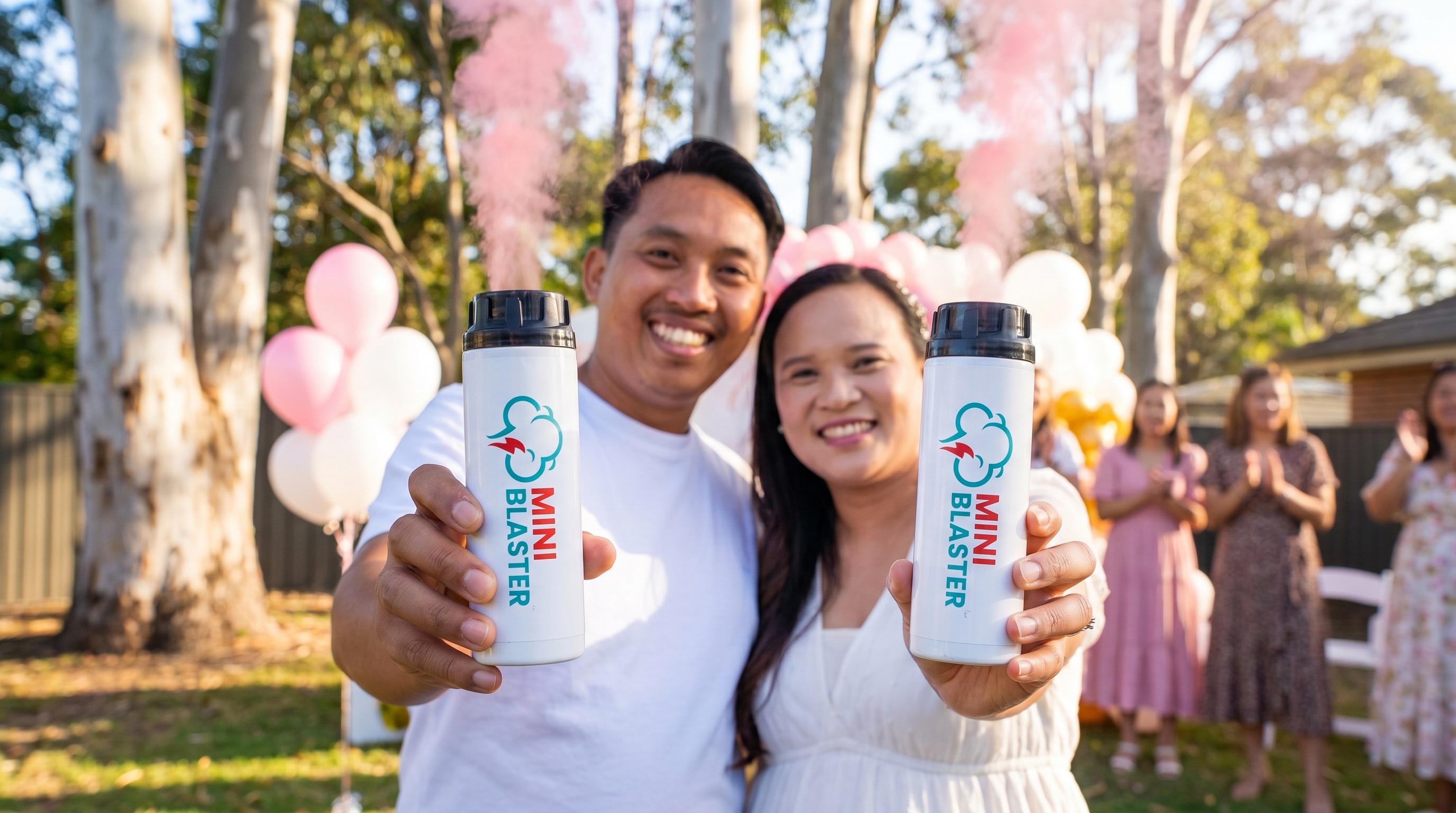 unique gender reveal ideas celebration with couple holding smoke bombs in Australian backyard