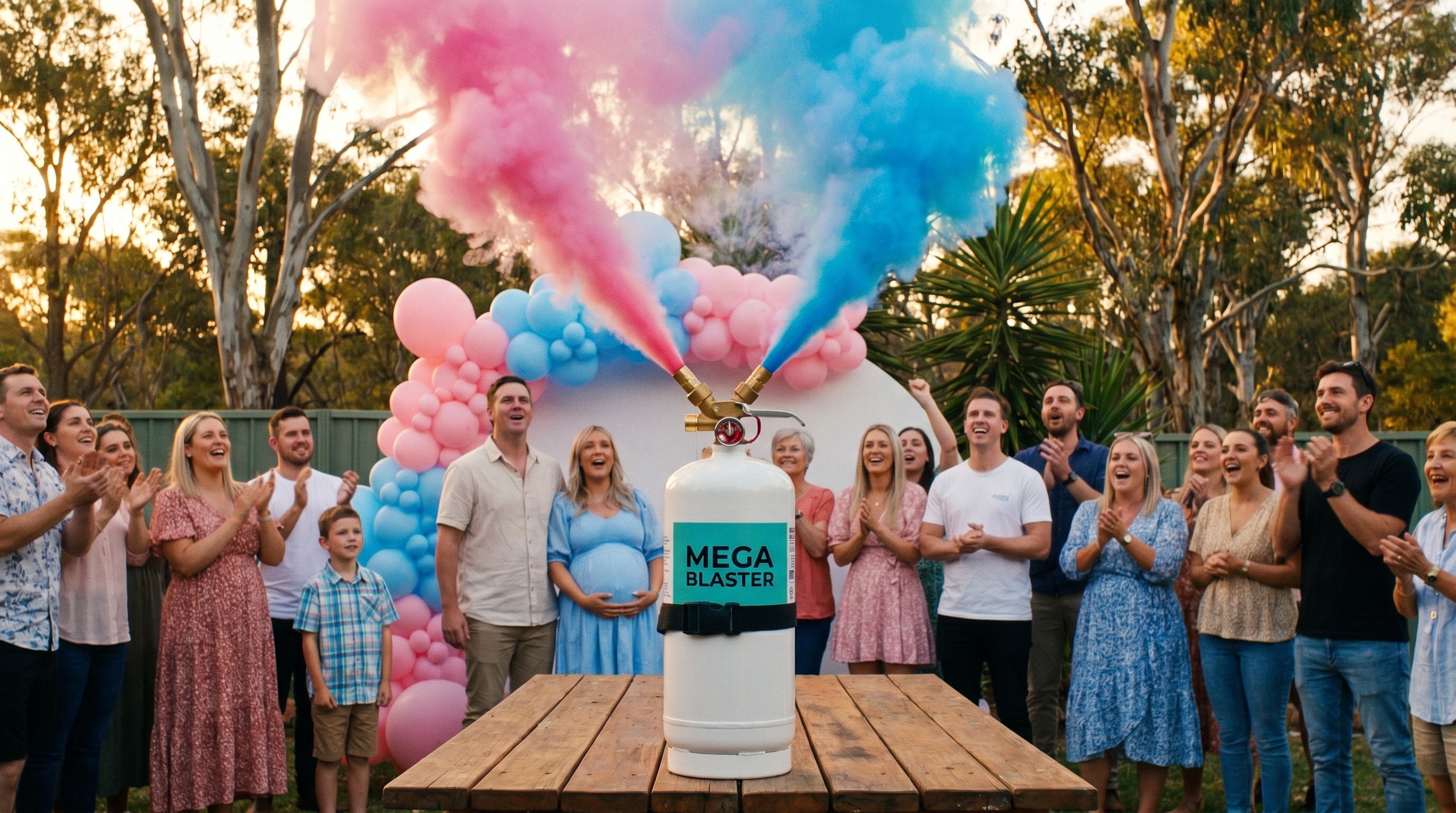 creative gender reveal party setup with interactive games and colourful decorations in Australian backyard