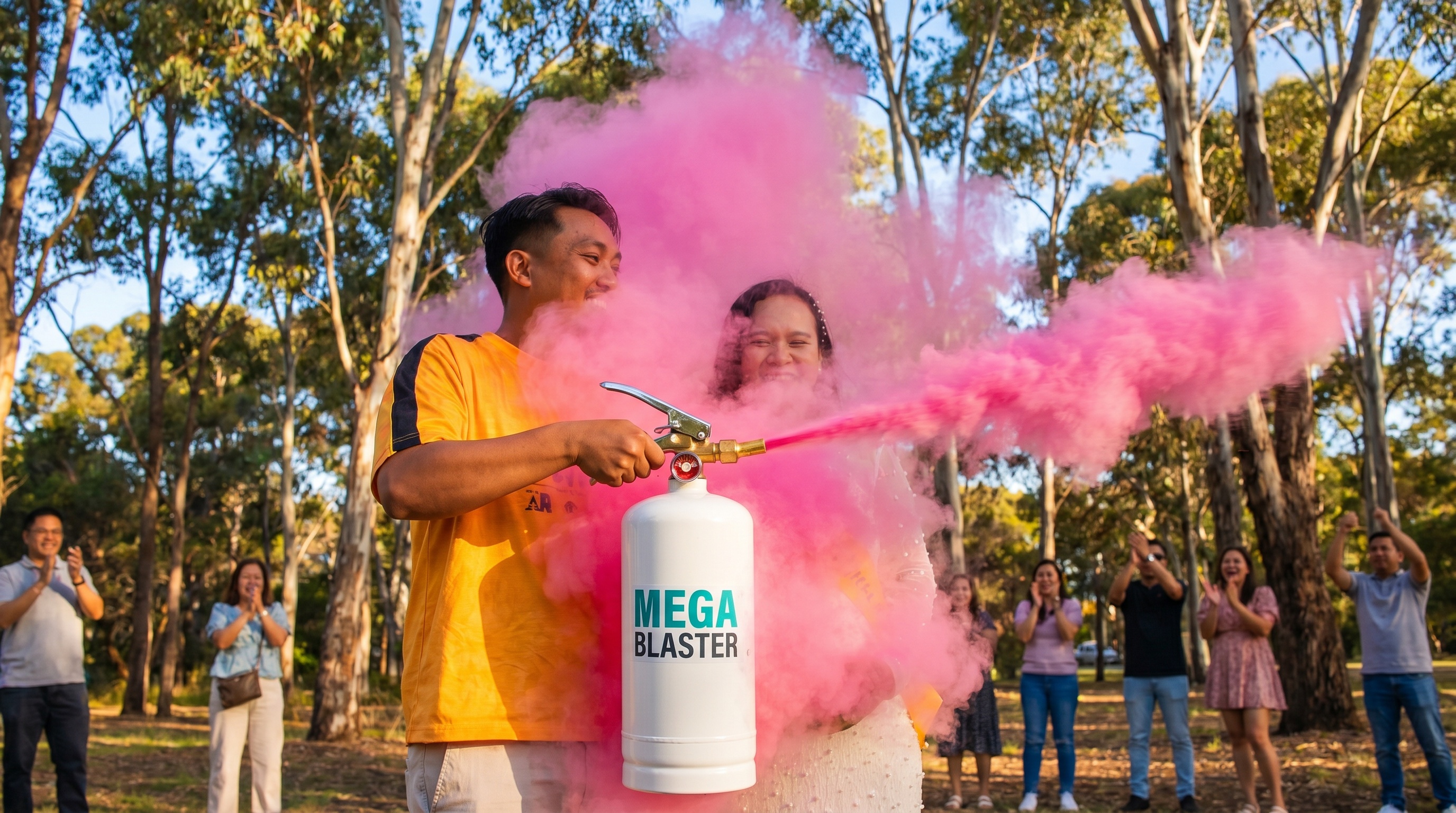 couple using powder cannons at gender reveal party with coloured powder cloud in Australian park setting