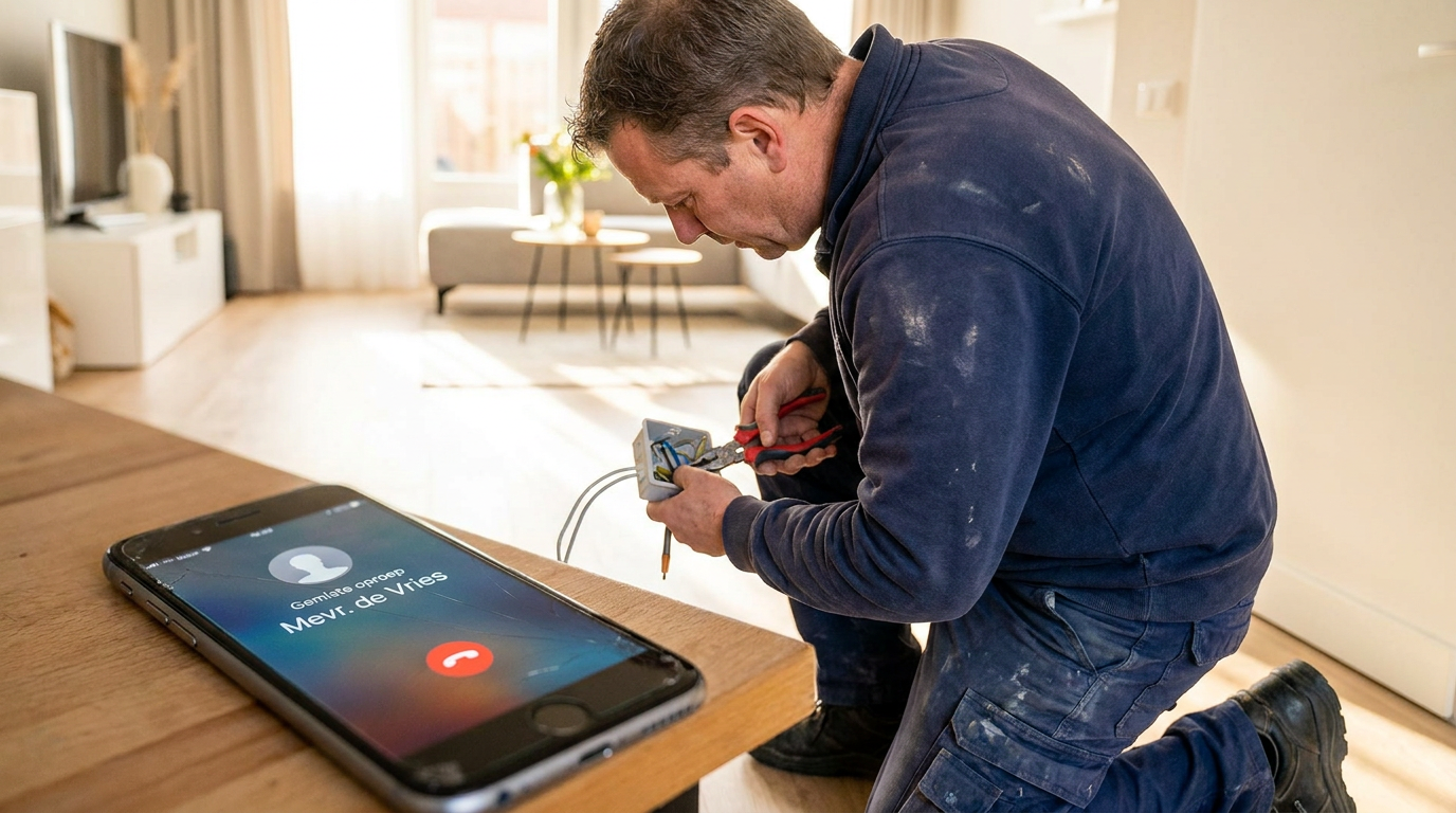 ZZP'er aan het werk terwijl zijn telefoon op de werkbank een gemiste oproep toont