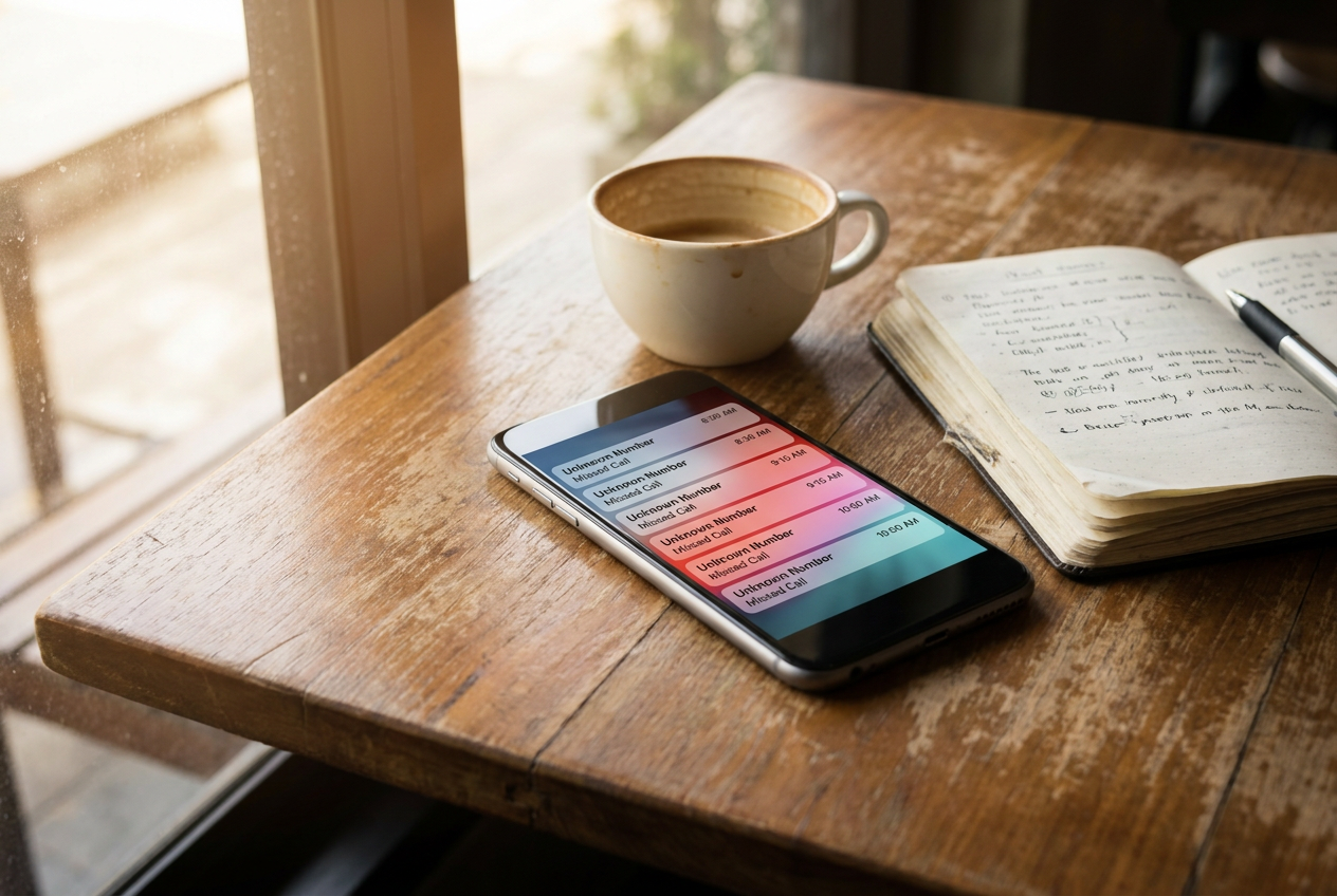 Smartphone met meerdere gemiste oproepen van onbekende nummers op een cafétafel