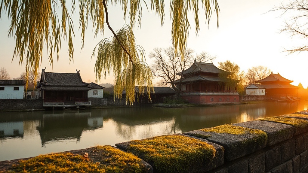 Vue du canal Changhe bordant le temple Wanshou à Pékin, reflets sur l'eau au coucher du soleil