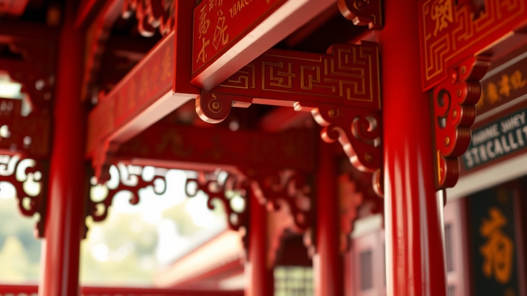 Détail des consoles en bois dougong peintes en rouge et or d'un temple bouddhiste chinois de la période Qing