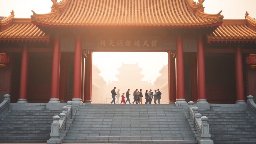 Entrée du Temple de la Grosse Cloche à Pékin, colonnes rouges et tuiles vernissées jaunes