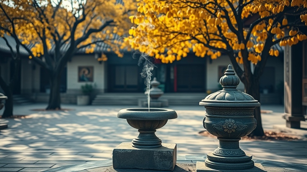 Cour intérieure du Dazhong Si avec encensoir en pierre, feuillage doré des ginkgos en automne