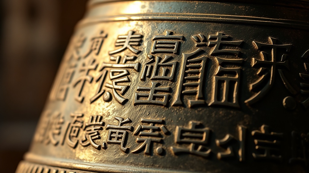 Détail des sutras gravés sur la surface en bronze de la cloche Yongle au Dazhong Si
