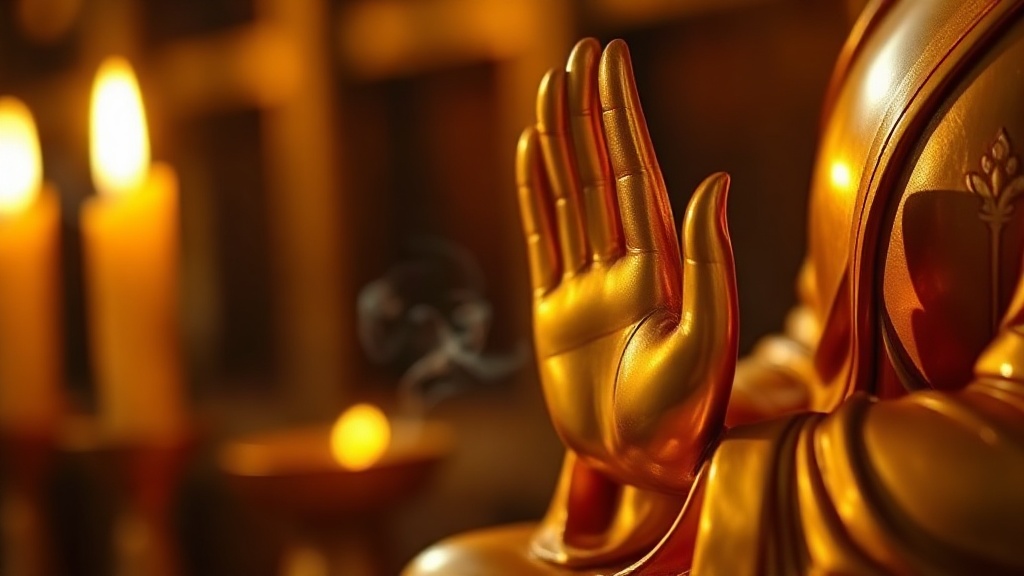 Détail d'une main de statue bouddhiste dorée en mudra vitarka, reflets de bougies, temple Chan chinois