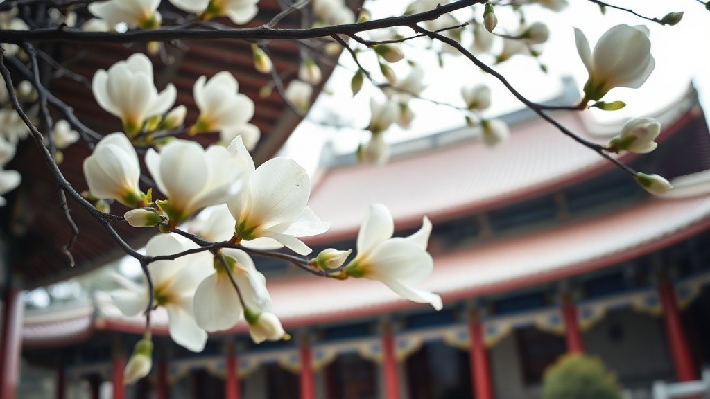 Vue du temple Tanzhe à travers les branches de magnolias en fleurs au printemps, toits de tuiles vernissées