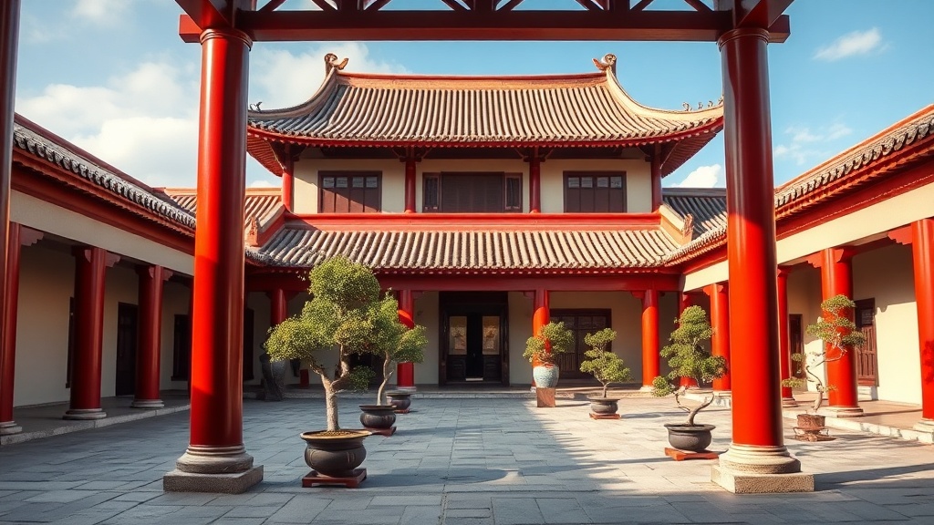Cour intérieure du Musée d'Art de Pékin installé dans le temple Wanshou, colonnes laquées rouge et toiture vernissée