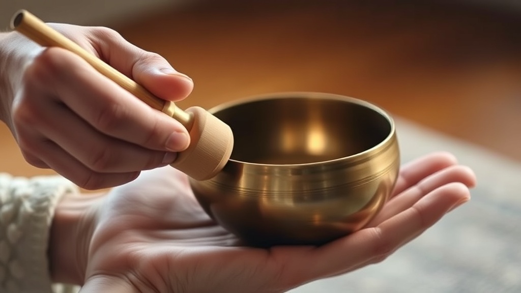 Close-up of a hand holding a wooden mallet striking a bronze singing bowl resting on an open palm
