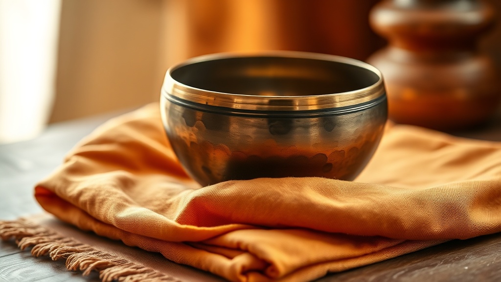 Hand-hammered Tibetan singing bowl resting on a saffron cloth, showing bronze hammered texture