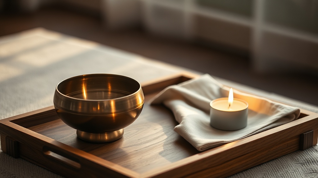 A singing bowl on a wooden meditation tray beside a candle and folded linen, serene still-life composition