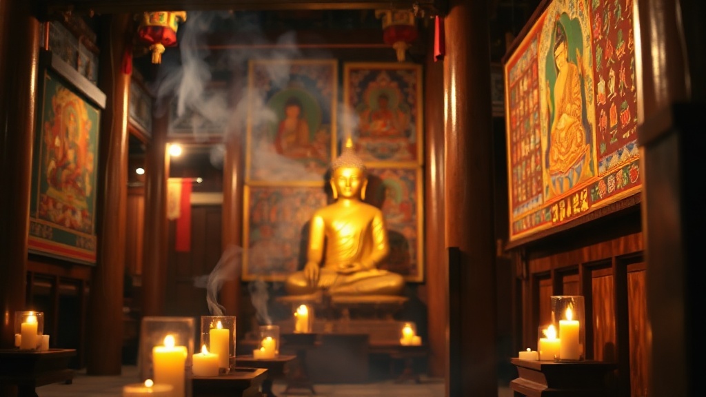 Intérieur d'un hall de temple bouddhiste tibétain avec thangkas et statue dorée