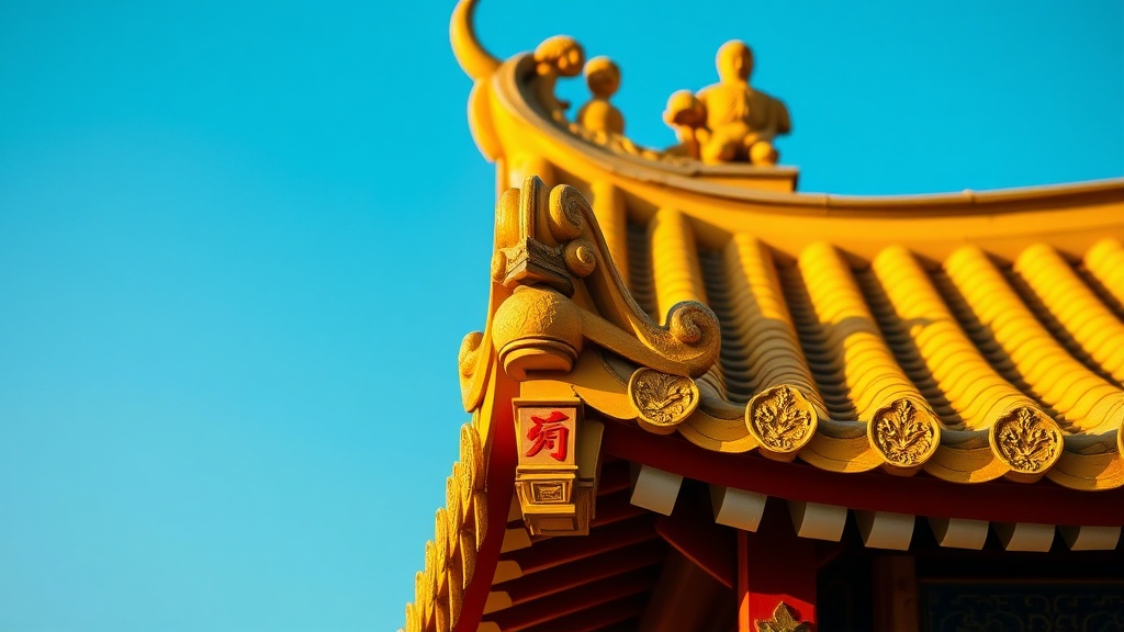 Tuiles jaunes émaillées d'un toit de temple bouddhiste de la dynastie Qing à Beijing