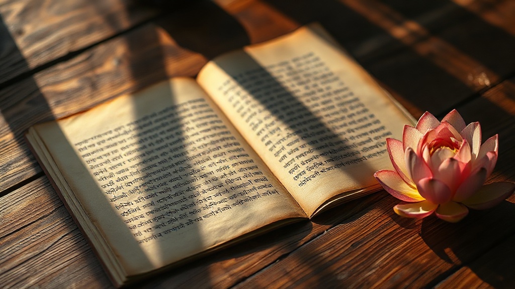 Ancient Mahayana sutra manuscript pages on a wooden surface with a lotus flower beside them
