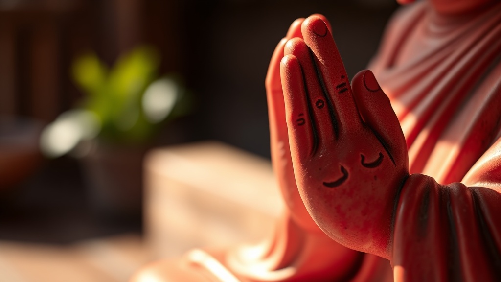 Close-up of a buddha statue's hands in dhyana mudra, the meditation gesture associated with Amitabha Buddha