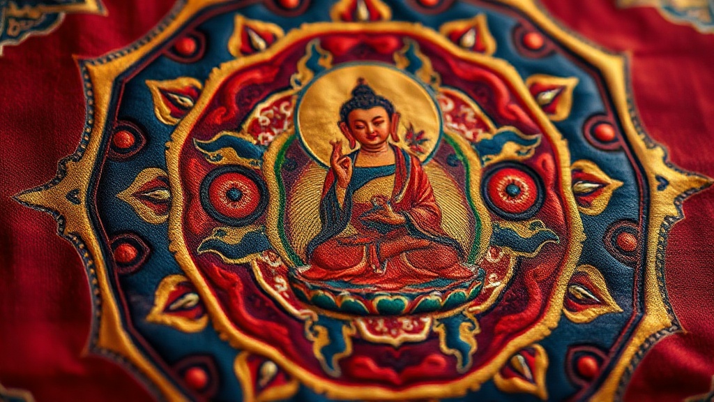 Detail of a Tibetan thangka painting showing the Five Dhyani Buddhas mandala with rich red and gold pigments