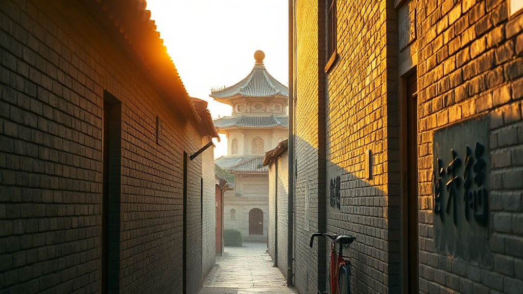 Ruelle hutong de Pékin menant au temple Miaoying et son dagoba blanc visible en arrière-plan