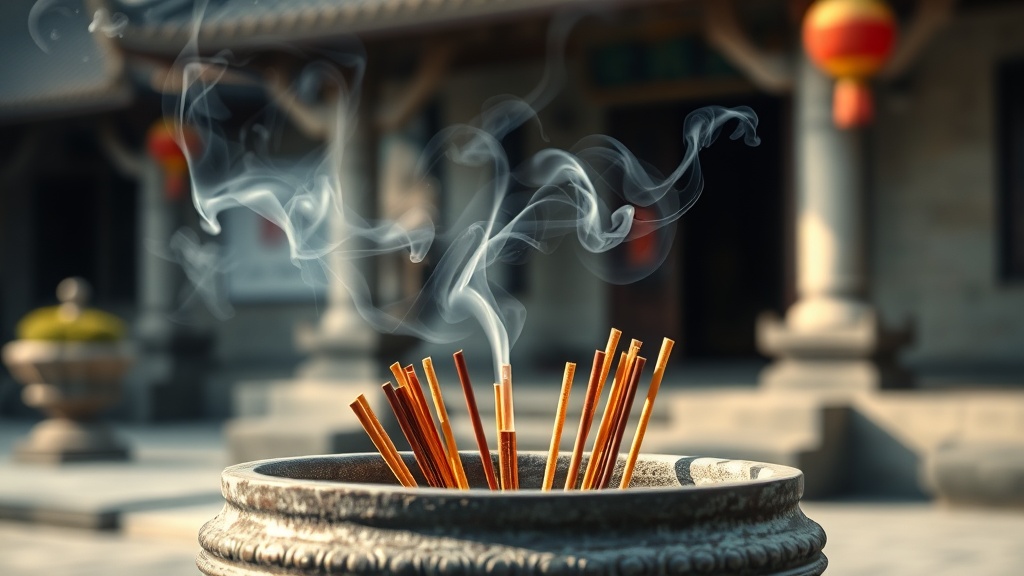 Bâtons d'encens allumés dans un brûle-encens de pierre dans la cour du temple Miaoying