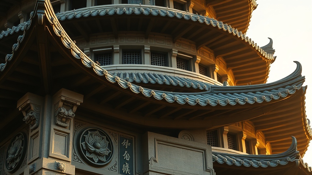 Détail architectural de la pagode du temple de Tianning, treize étages en tuiles vernissées, Changzhou