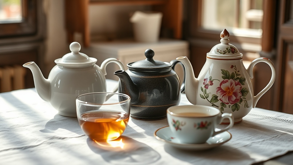 Trois théières en céramique côte à côte : porcelaine, grès et faïence peinte