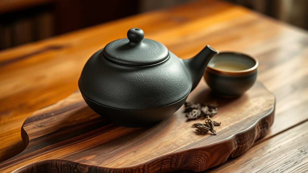 Théière en grès brut non vernissé couleur terre avec feuilles d'oolong