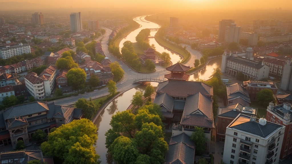 Vue sur Changzhou et le quartier du temple de Tianning depuis les toits, province du Jiangsu